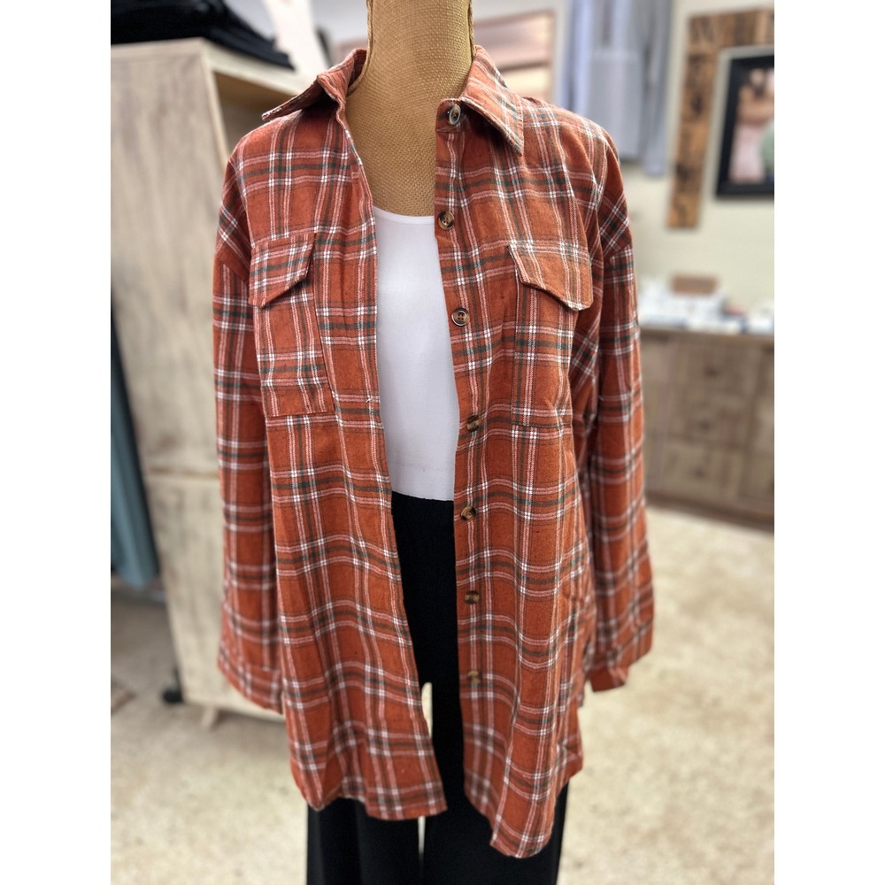 Rust Orange Plaid Button Down Shirt Long Sleeve Flannel Shacket w/ Pockets SZ M